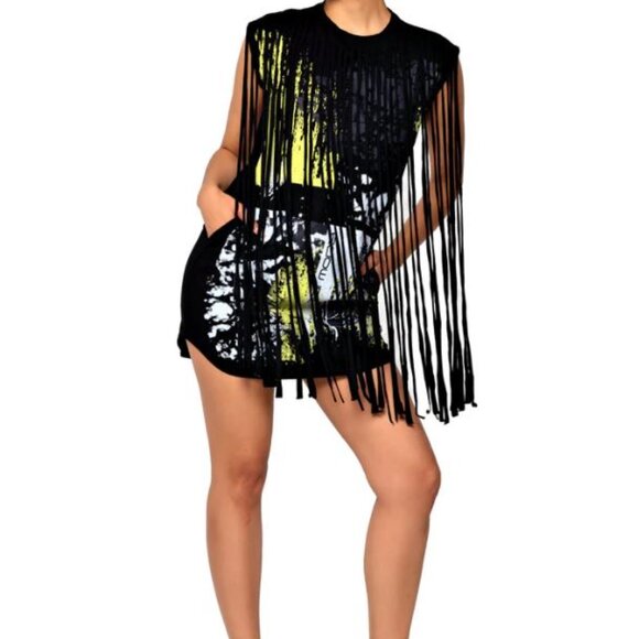Women's Unity Fringe Lux Black T-Shirt Dress - Picture 1 of 6